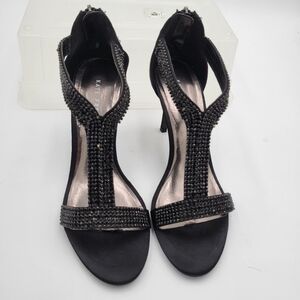Kate Preston Black Rhinestone Strappy Sandals 3.5" heels Size 9.5 See Pics
